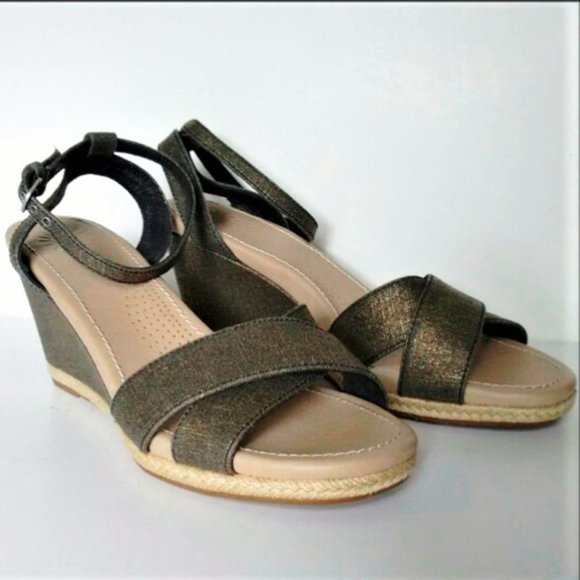 UGG Black Metallic Linen Wedge Sandals - Picture 2 of 8